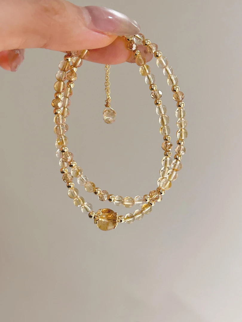 来财  天然巴西黄水晶黄塔晶设计款双圈手链招财富贵财运