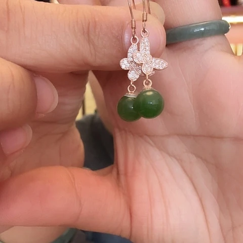 和田玉耳饰银S925镶嵌