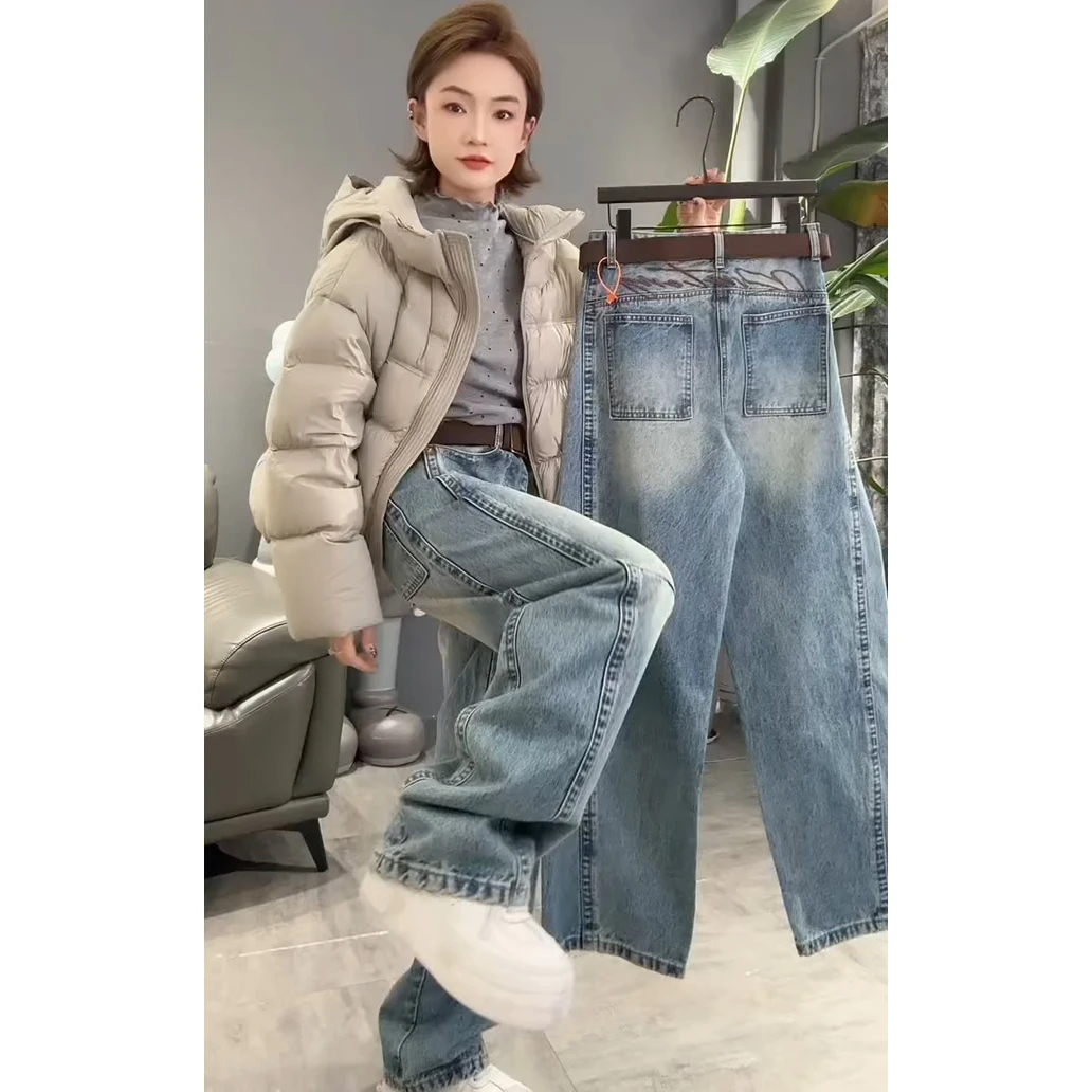 2025秋冬新款美式窄版阔腿牛仔裤女加绒通勤百搭复古显瘦直筒裤