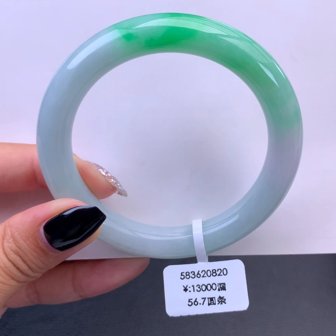 未镶嵌手镯翡翠回流）细糯化白底青圆条手镯（有纹捡漏）