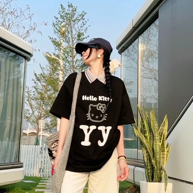 【ekaso】韩代款明星同款KT猫印花POLO领宽松T恤