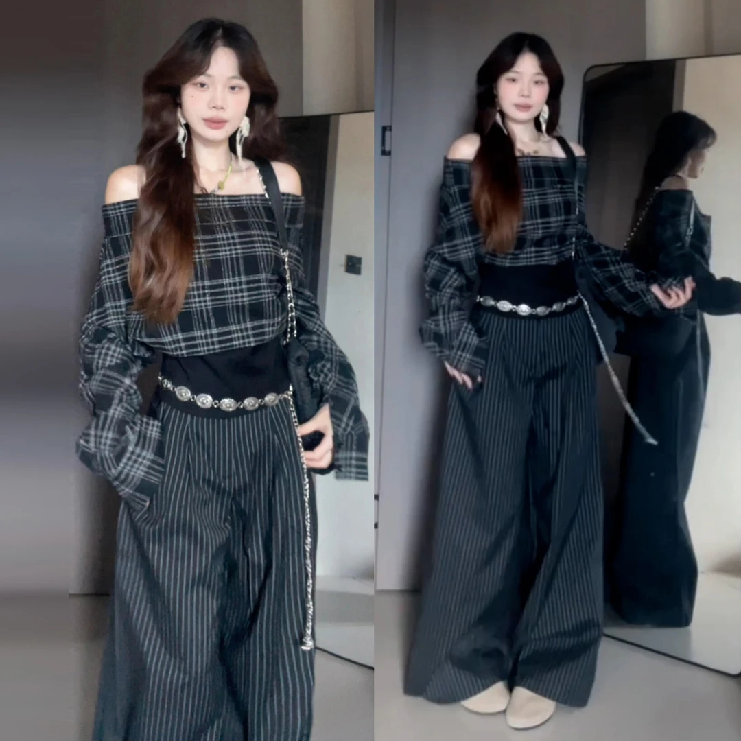 韩系时尚轻职感气质套装女装秋季新款格纹一字肩上衣高腰条纹长裤