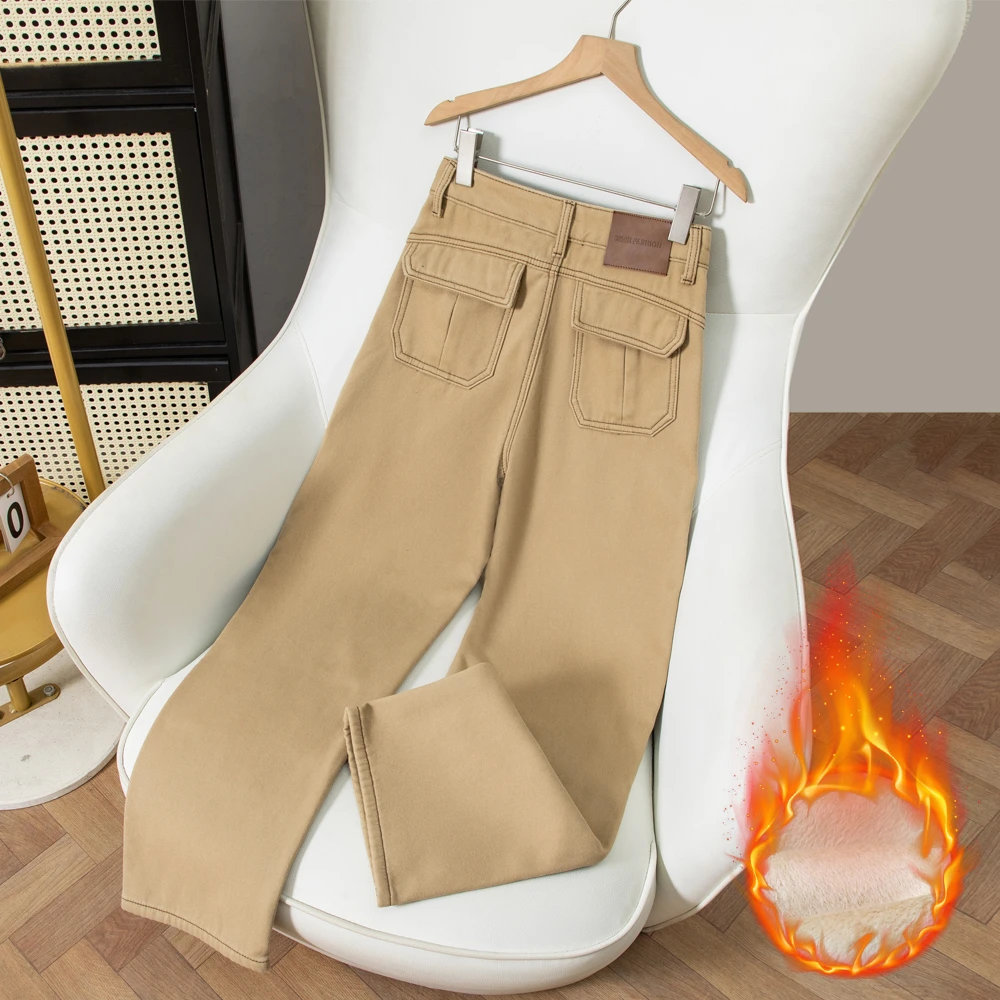 深卡其色窄版直筒加绒牛仔裤女2025新款爆款宽松阔腿显瘦百搭裤子