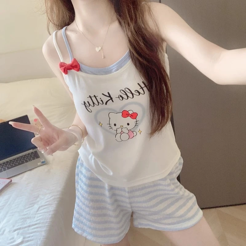 带胸垫吊带短裤睡衣女2025新款夏季可爱小猫莫代尔薄款家居服套装