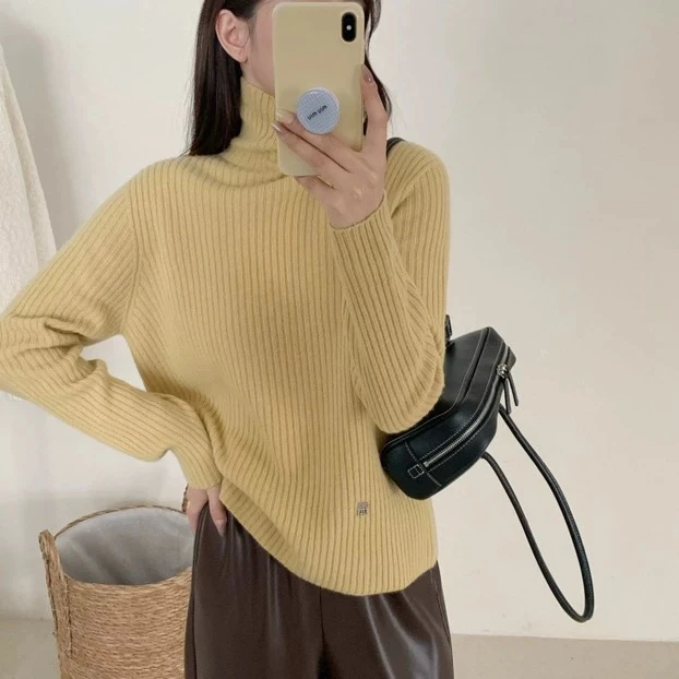 8568坑条高领打底衫长袖针织衫女冬季新款套头毛衣潮