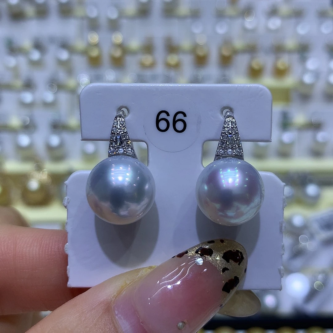 海水珍珠耳饰18K金镶嵌茉***?近12mm澳白