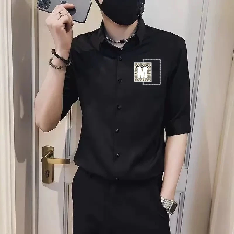 2025夏季休闲衬衣痞帅男装印花领七分袖衬衫修身