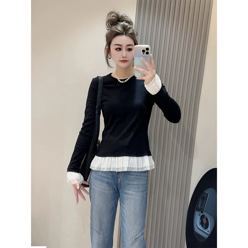 欧货2025秋季新款蕾丝花边圆领打底衫女显瘦洋气套头休闲T恤上衣