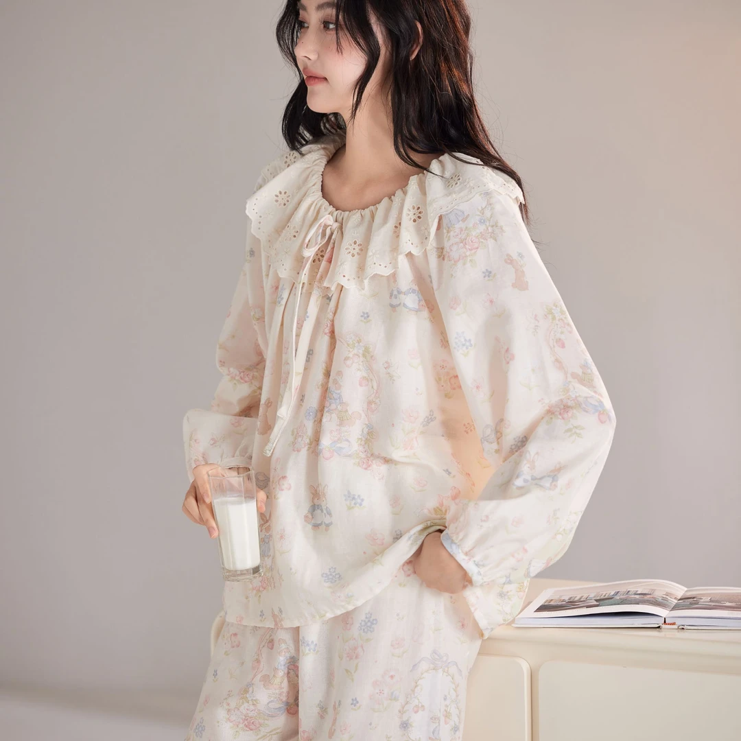 秋季透气睡衣青年套装松紧带印花长袖植物花卉宽松