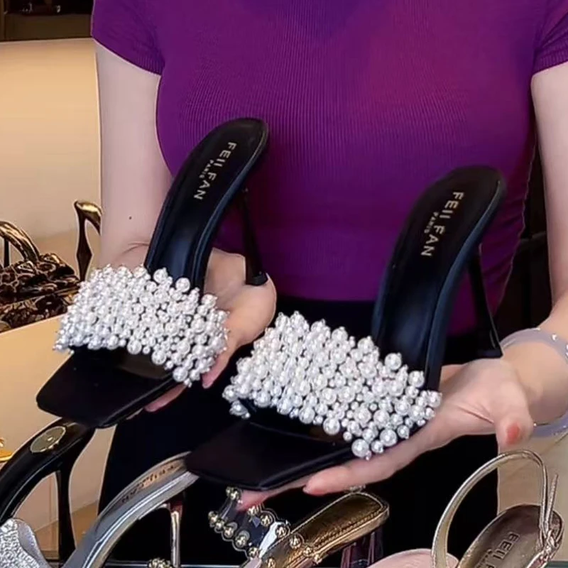 高跟拖鞋2025夏季新款细跟外穿气质百搭女士水钻凉鞋3911