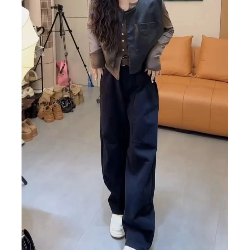 秋季新款洋气百搭窄版阔腿牛仔裤女梨形身材高腰显瘦大码长裤