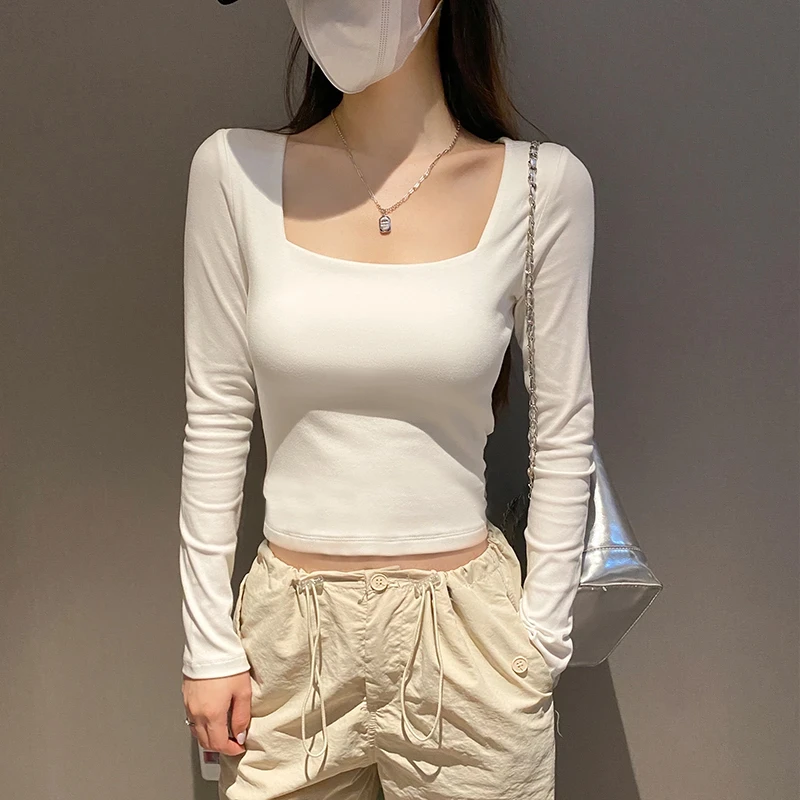 黑色方领长袖t恤女打底衫内搭打底衫秋冬修身显瘦百搭上衣