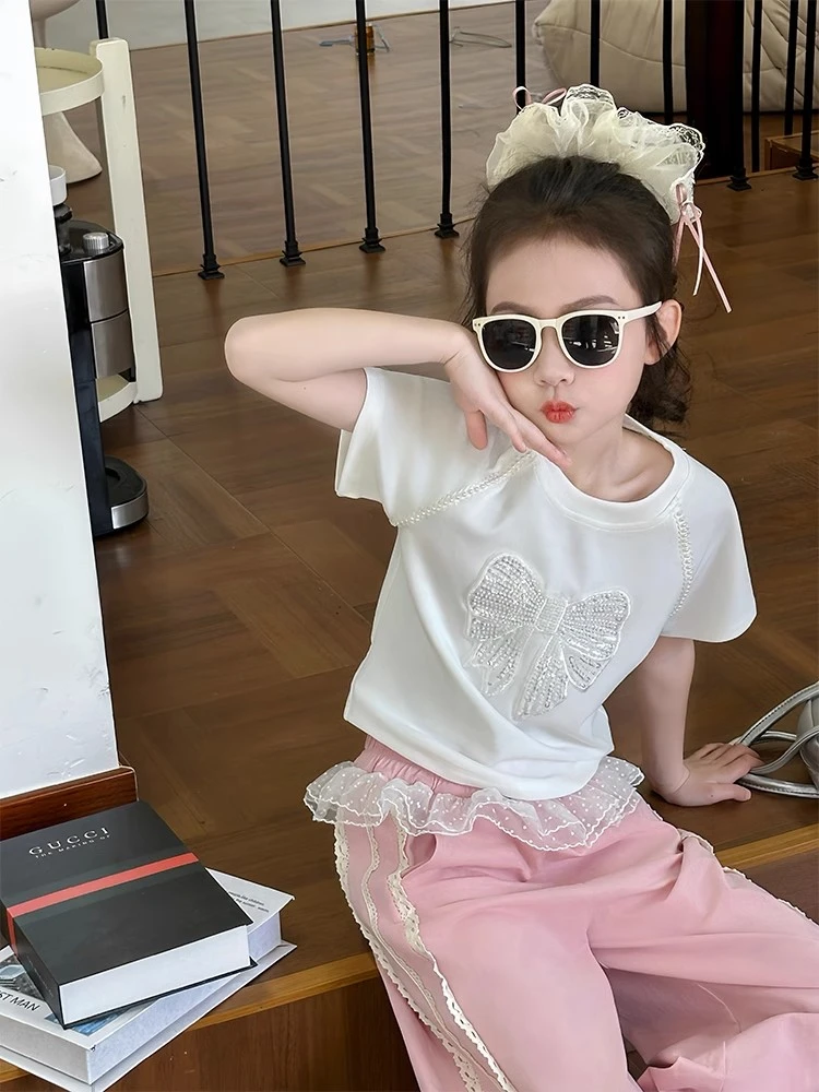 66公主女童短袖T恤2025春夏新款亮片蝴蝶结珍珠女孩儿童洋气上衣