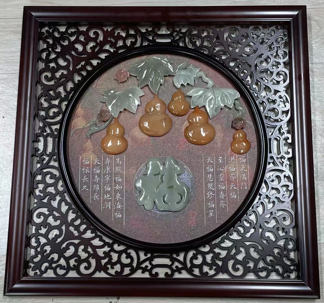 福气满门58*58【585858】实木双框玉雕画天然玉石中式