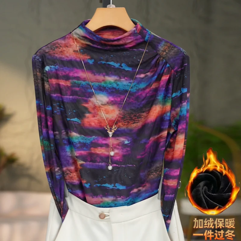 585#洋气高贵半高领打底衫上衣百搭可外穿网纱印花显瘦长袖T恤