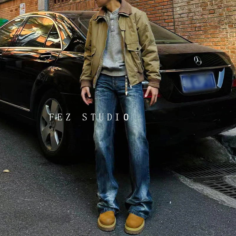 FEZ复古vibe水洗做旧潮流百搭微喇裤子喇叭裤版型牛仔裤男士宽松