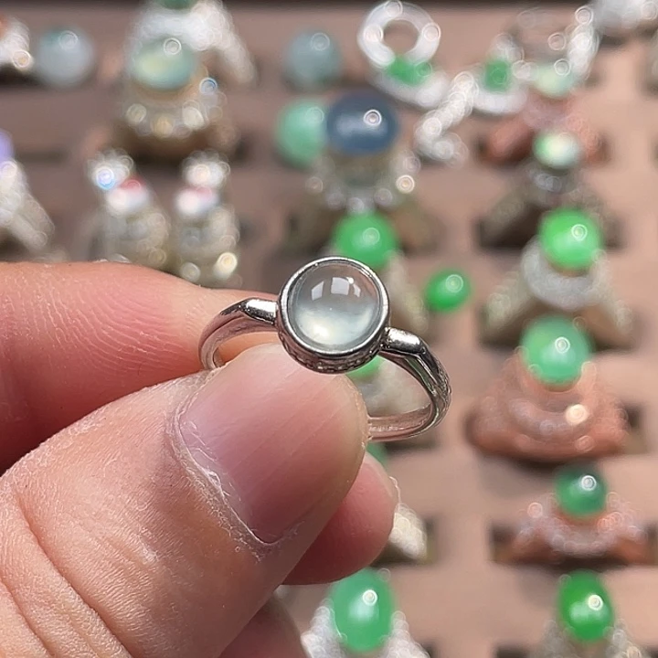 翡翠裸石白冰戒指S925银镶