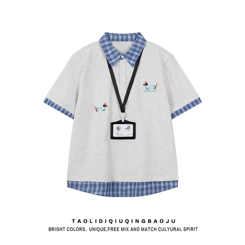 韩系小狗刺绣格子POLO领短袖T恤女夏季学院风假两件显瘦宽松上衣