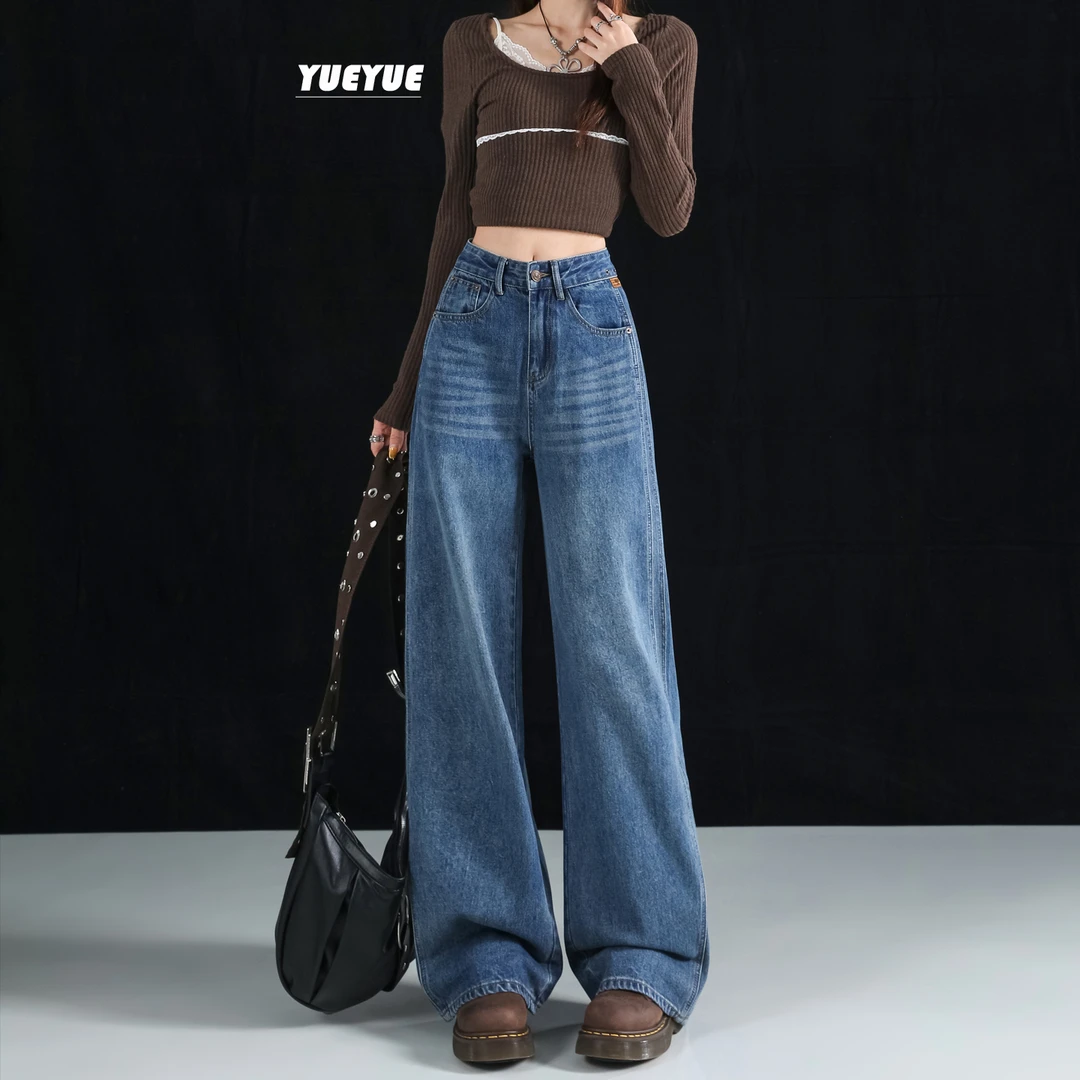 美式复古直筒牛仔裤女秋冬新款高腰宽松显瘦水洗简约百搭阔腿裤子