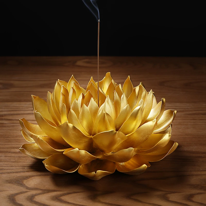 金色帝王莲花客厅摆件新中式陶瓷客厅佛堂装饰工艺品佛前荷花香插