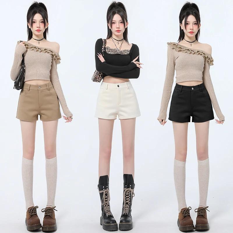 纯欲风辣妹包臀短裤女夏季外穿纯色高腰热裤美式复古百搭显瘦靴裤