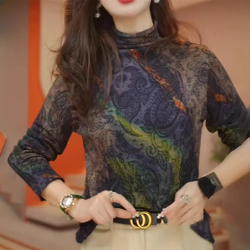 时尚半高领打底衫女长袖春秋冬季新款妈妈贵夫人花色复古内搭上衣