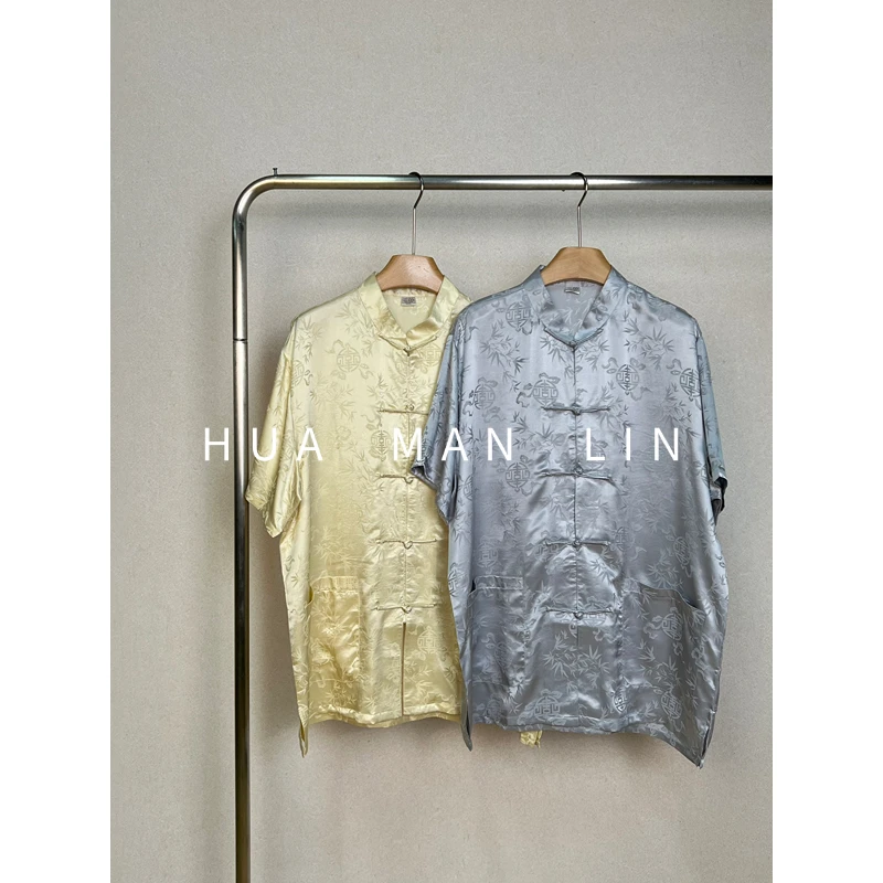 【花满林】两色立领正门襟盘扣竹叶提花真丝桑蚕丝短袖上衣82566