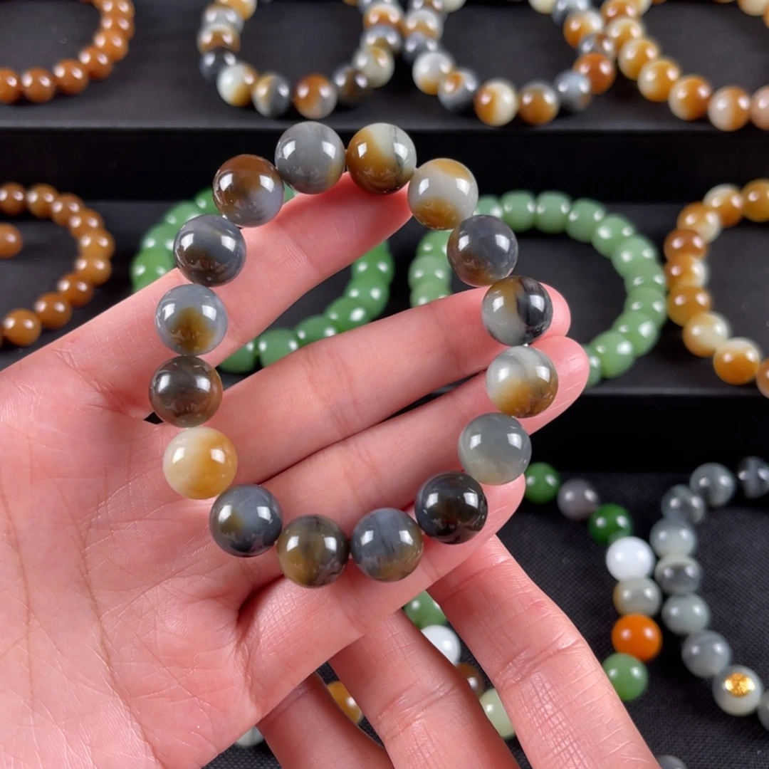 和田玉手串未镶嵌卡12颗颗三色