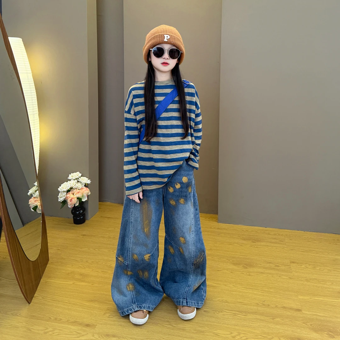 MK&DK女童卫衣套装春秋款2025新款女条纹宽松上衣超好看牛仔套装