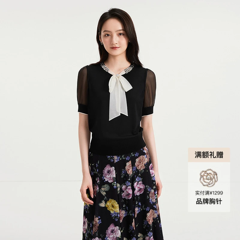 Koradior珂莱蒂尔商场同款2025秋季新款气质优雅蝴蝶结针织衫上衣