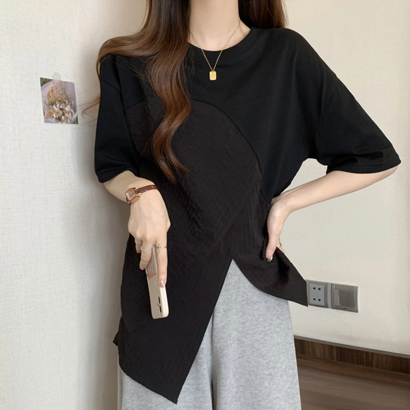 不规则纯棉短袖T恤女打底衫夏季新款大码胖mm显瘦半袖体恤上衣服