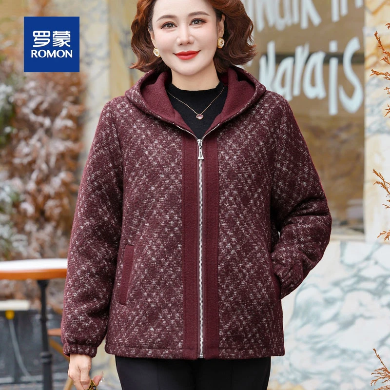 罗蒙洋气妈妈装秋冬季上衣服休闲风衣新款中老年女士时尚毛呢外套