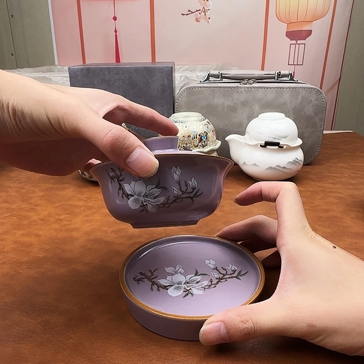 颜瓷闪购链接商品紫汝玉兰盖碗+2杯