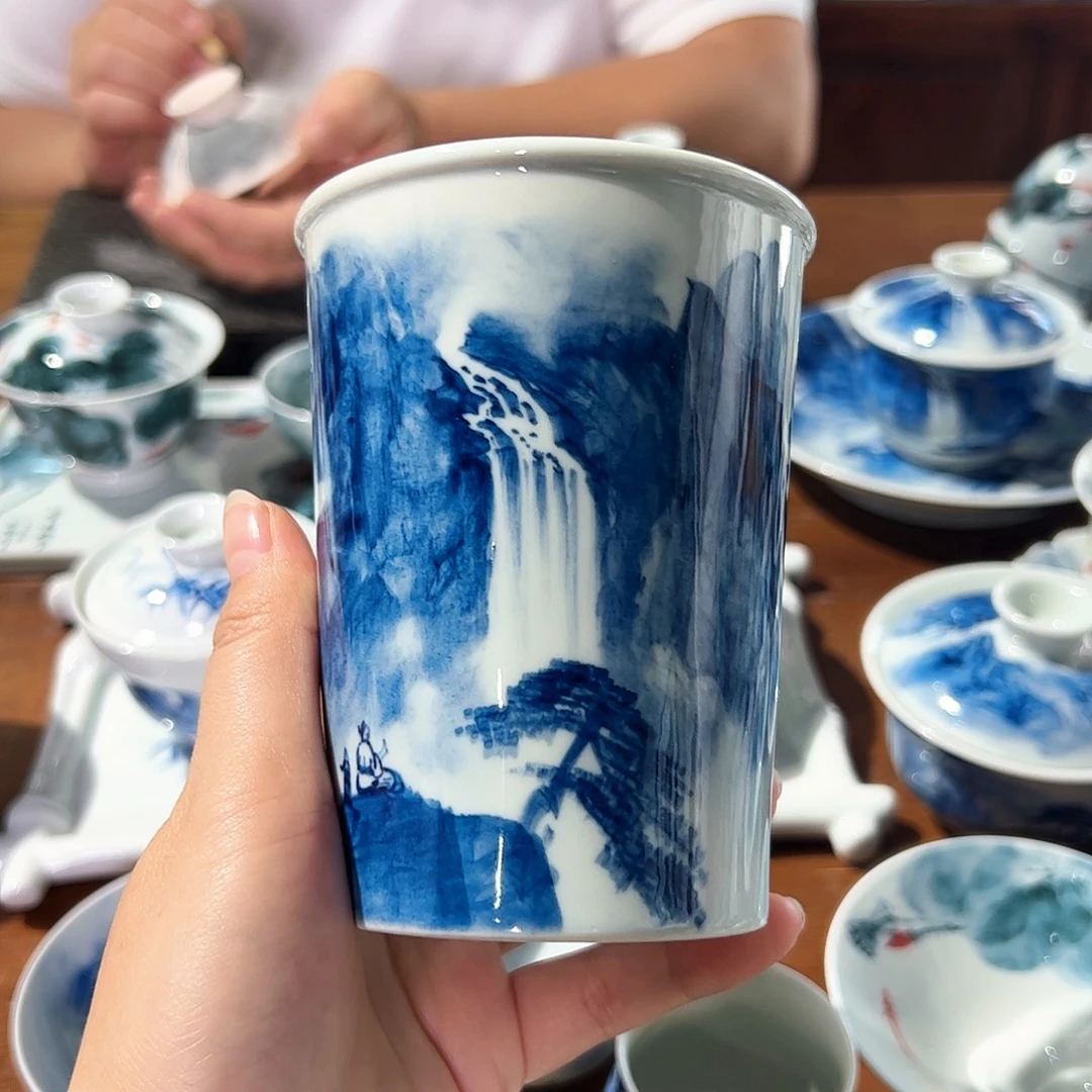 冰***茶青花手绘山水可乐杯