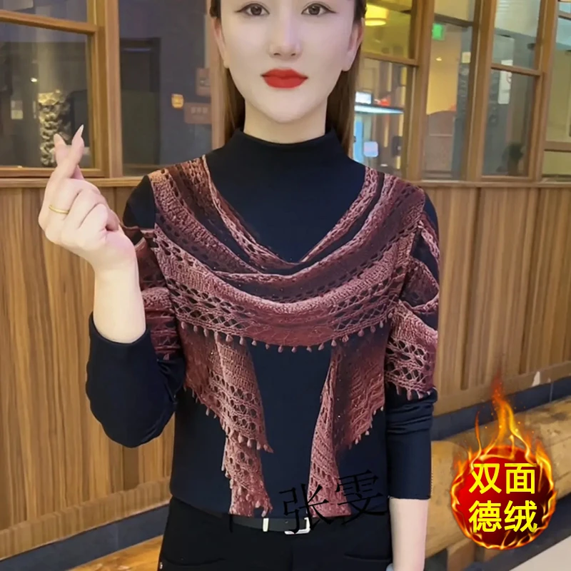 【双面德绒】洋气打底衫半高领印花百搭上衣大码遮肚子气质减龄上衣
