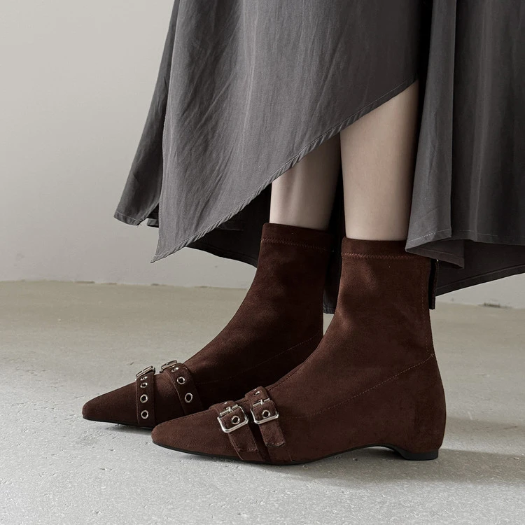 袜靴2025年秋季韩版尖头3.5cm内增高皮带扣纯色弹力靴瘦瘦靴短筒