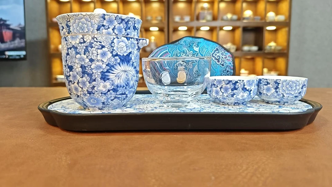 青花旅行茶具一壶三杯带茶盘mc072