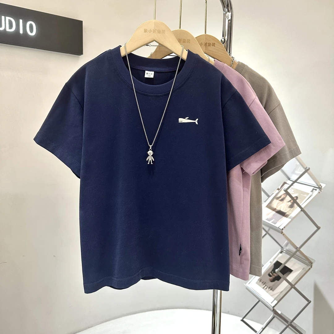 象小爸【100棉刺绣小鱼T】2025夏新款纯棉上衣刺绣潮男孩儿童装半袖