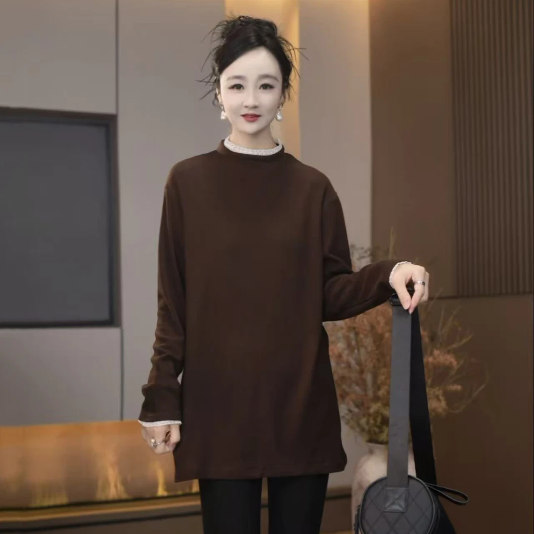 2511春秋冬新款韩版拼接蕾丝领宽松休闲打底卫衣女