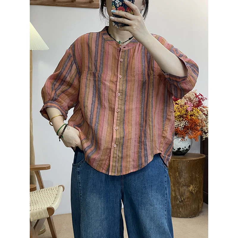 DaoZi/丹丹 经典竖条纹圆领100%苎麻衬衫 25051