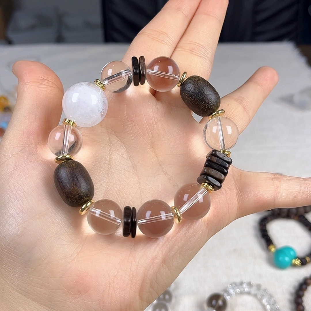 富***糖手串未镶嵌水晶手串白幽灵顶珠木串设计款