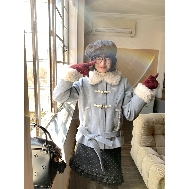 韩系甜美冰岛情书收腰系带毛领牛角扣雾霾蓝短款羊毛外套上衣