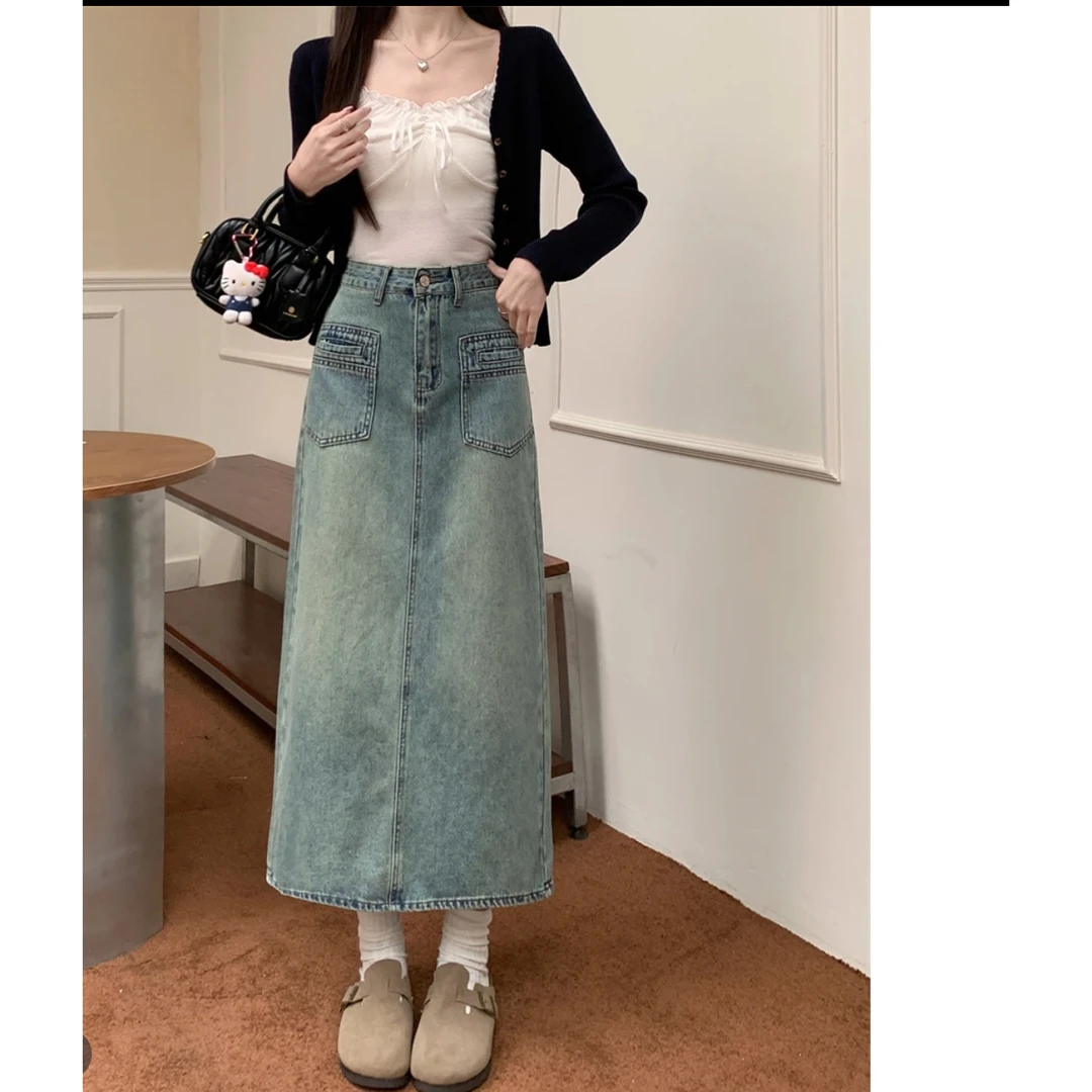 358 【含腰带】韩系复古软料显瘦高腰设计感百搭牛仔半身裙（K21）