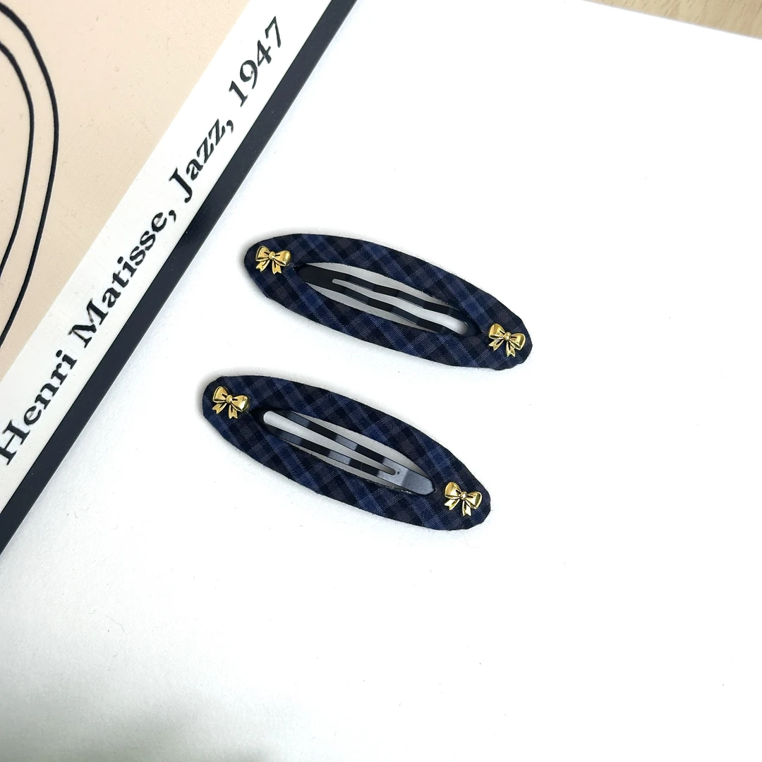 BlomUME原创藏青细格纹金色蝴蝶结BB夹简约高级感发夹刘海发饰925