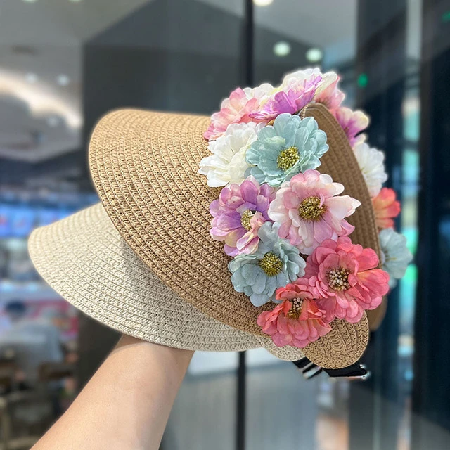 2025新款彩色花朵草编空顶帽子女夏季大帽檐防晒帽户外度假太阳帽