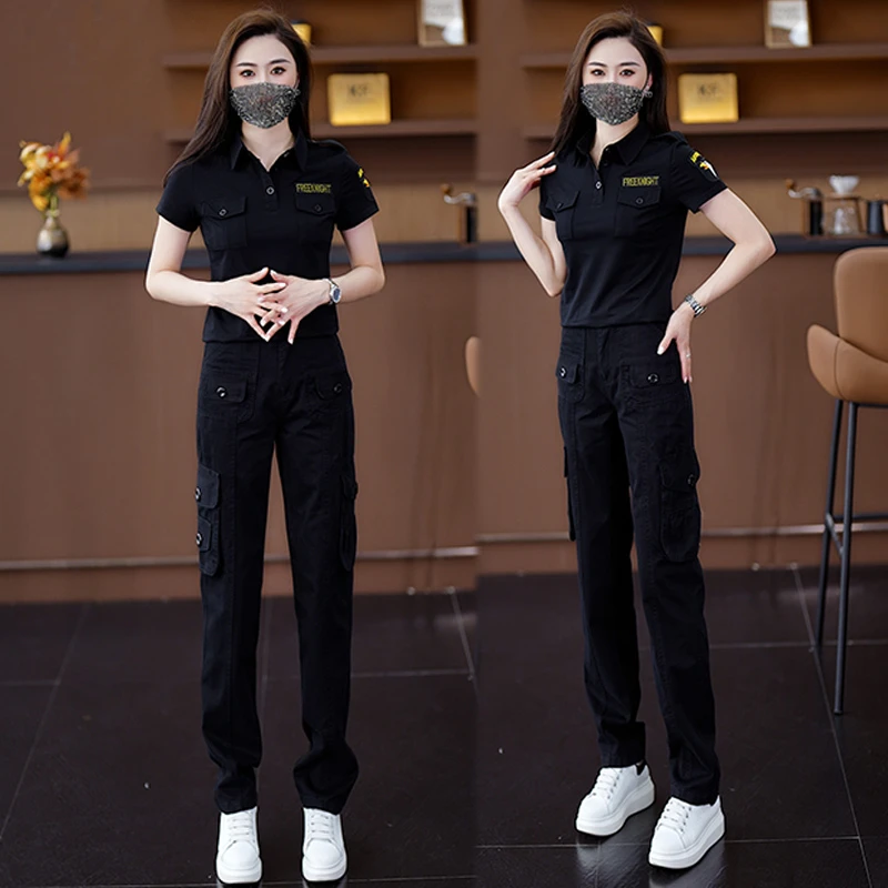新款短袖多口袋休闲长裤女装夏装套装薄款时尚洋气休闲服迷彩服
