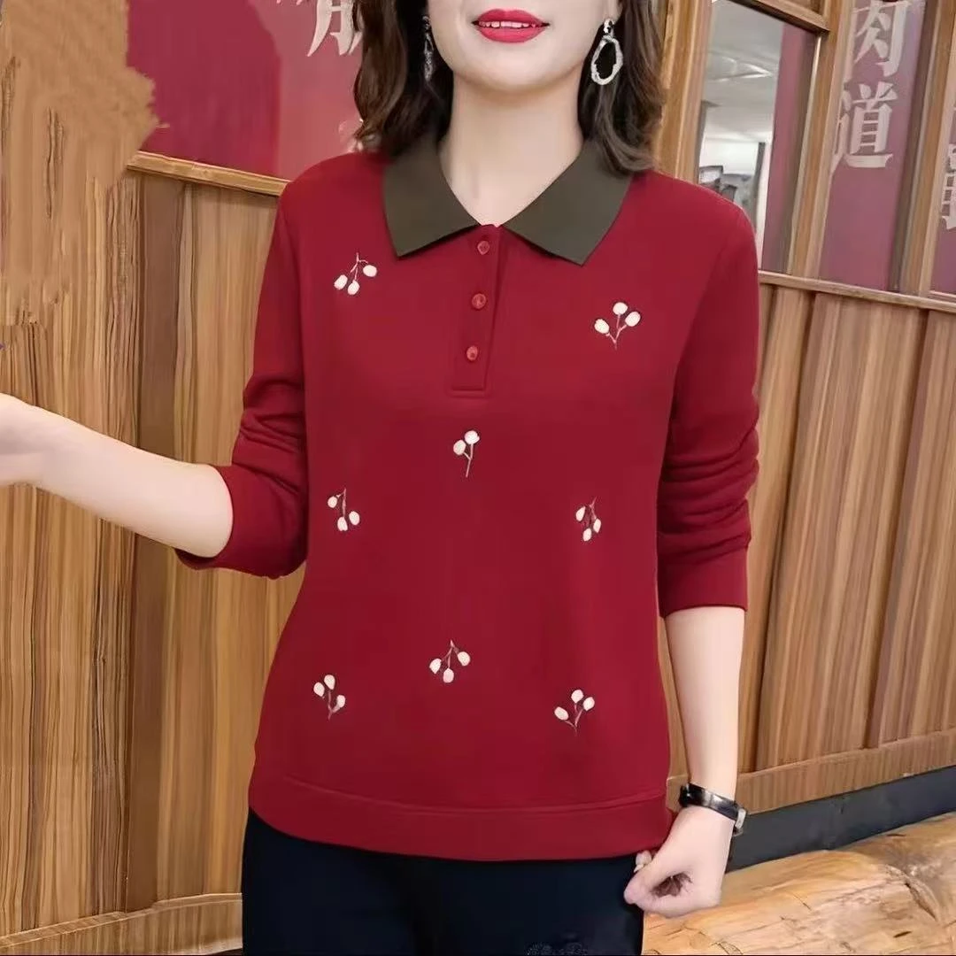 春季新款女士上衣POLO领时尚印花小花宽松显瘦卫衣长袖洋气妈妈装