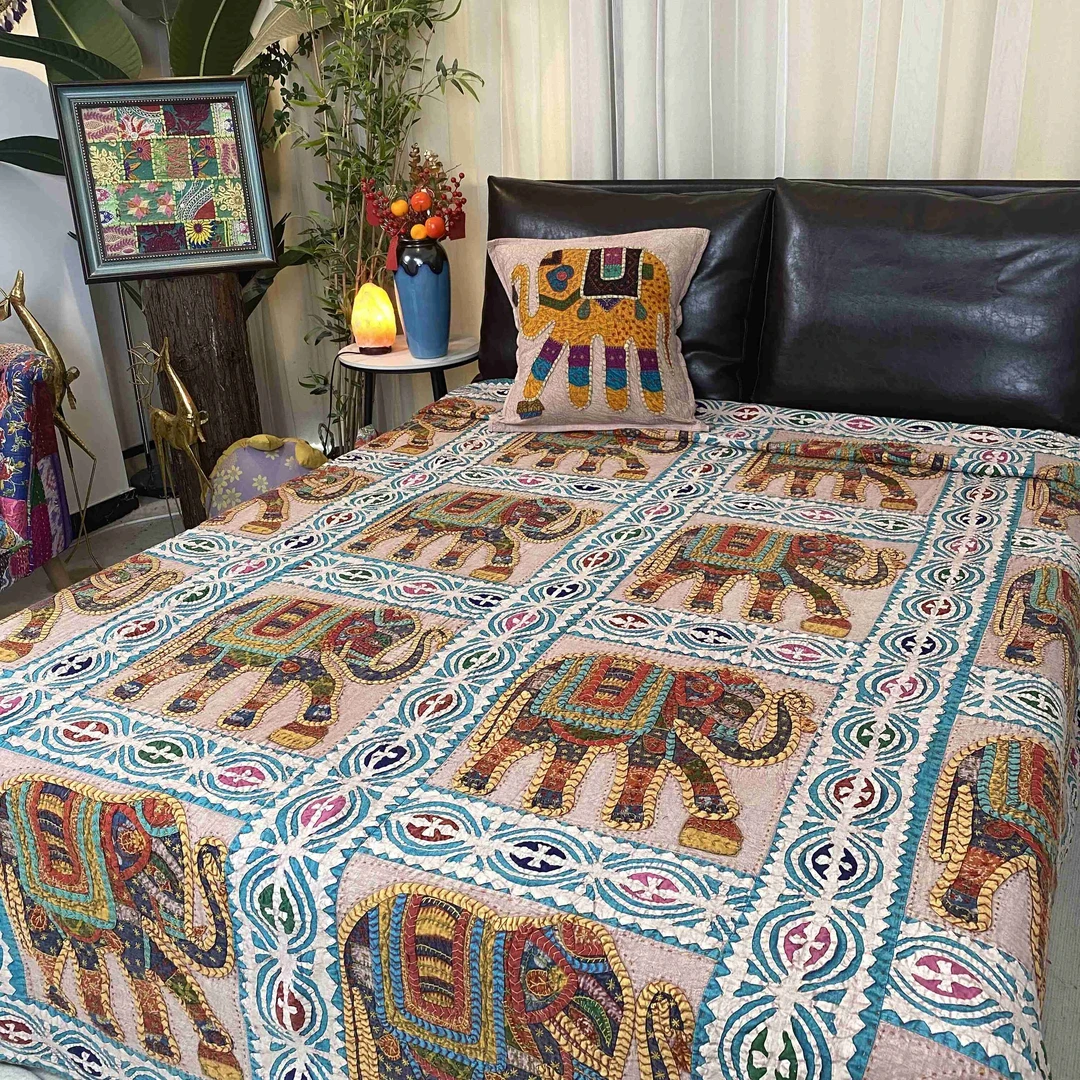 【进口大象百纳被】重工工艺 手工立体贴布绣 床盖桌布沙发盖毯