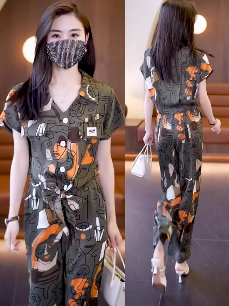 短袖时尚套装女2025夏季新款洋气质显瘦减龄休闲雪纺阔腿裤两件套
