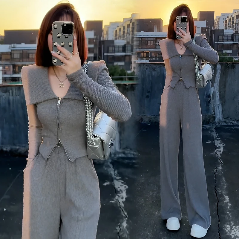 高级感休闲翻领套装女2025年春秋季新款修身显瘦高腰阔腿裤两件套